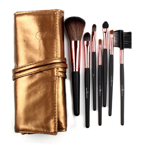 Sale! High Quality 7 Makeup Brush Set Kit in Sleek Golden Leather Bag Portable Make up Brushes