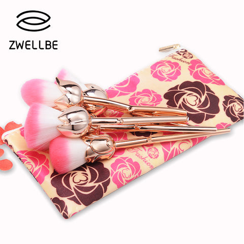 zwellbe 6 Pcs Rose Gloden Flower Shape Makeup Brushes Set Cosmetic Powder Face Pinceis Tool Blush Kabuki Brush Brocha Maquillaje