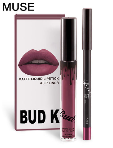 BUD K Lipstick Sets Long Lasting Matte Liquid Lipstick+velvet Lips Pencil Makeup Waterproof Matt Batom Nude Liquid Lip Gloss