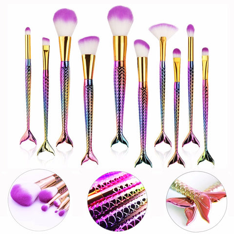 10Pcs Unicorn Mermaid Makeup Brush Set Fish Tail Foundation Powder Eyeshadow Make up Brushes Contour Blending Cosmetic Brushes