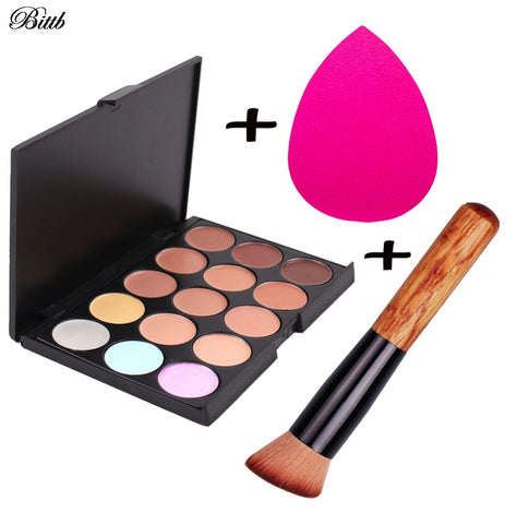 Bittb Pro Makeup Set 15 Colors Face Concealer Palette Foundation Brush Cosmetic Puff Facial Beauty Contour Make up Sponge Kit