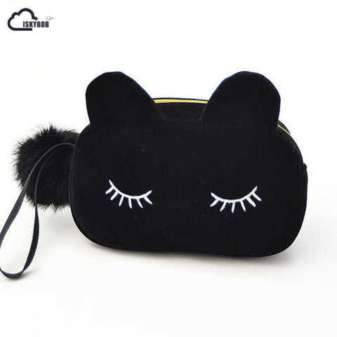 ISKYBOB Portable Cartoon Cat Coin Storage Case Travel Makeup Flannel Pouch Cosmetic Bag