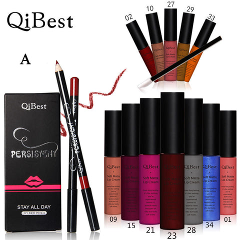 Qibest Makeup Set 12 Colors Lip Gloss + 12 Colors Pencil + 12 Lip Brush Matte Blright Colorful